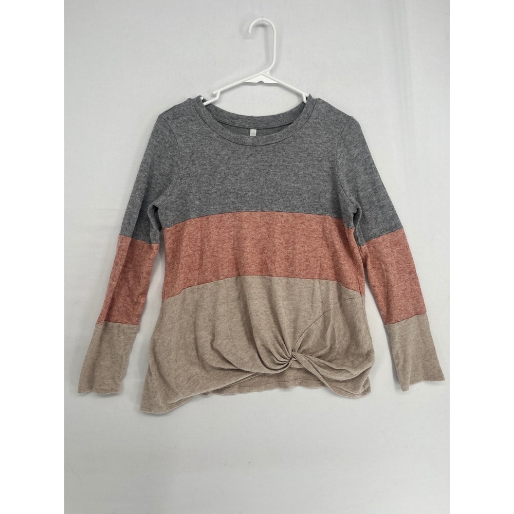 Native People Colorblock Front Twist Knot Long Sleeve Top Grey Tan Coral Medium